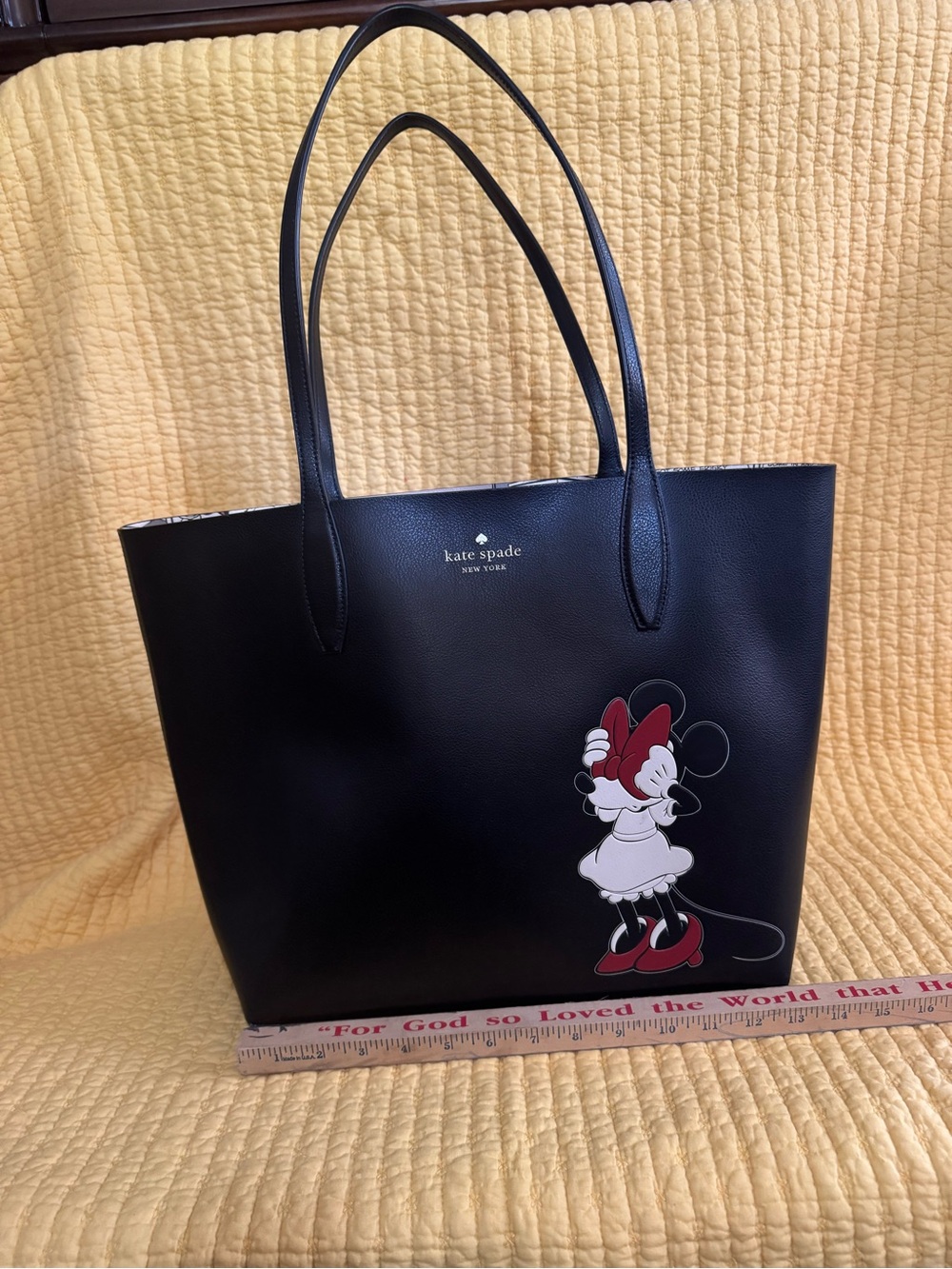 kate spade black leather tote with red and white Minnie Mouse applique